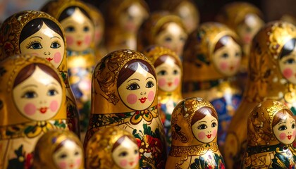 Fototapeta premium Close-up of many painted Russian nesting dolls