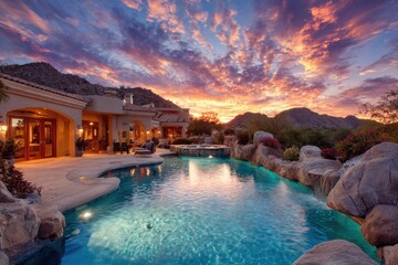 Desert Real Estate: Luxury Home with Pool at Sunset for a Dreamy Vacation