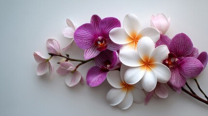 Pink Purple White Orchids Plumeria Flowers on White Background
