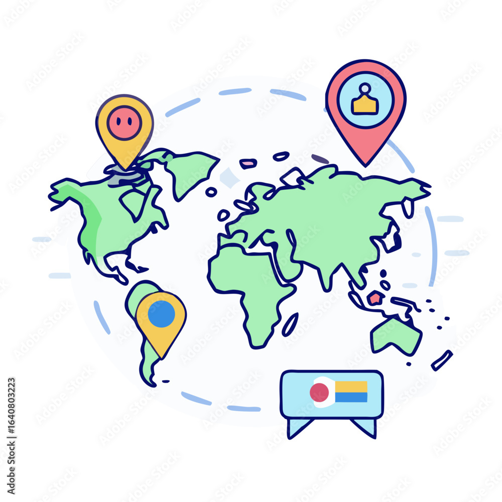 Poster colorful world map with location pins and flags representing global connectivity