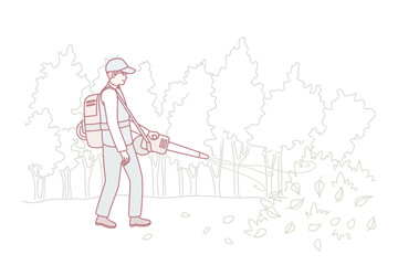 Male gardener in uniform collection leaves with handy vacuum. Man handyman working outdoors in autumn cleaning ground in garden on backyard. Flat vector illustration.