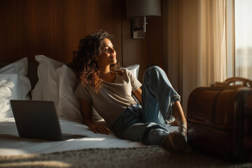 Obraz premium Young adult Caucasian woman sitting on bed relaxing near suitcase and open laptop, gazing out window with thoughtful expression, sunlight streaming into modern hotel room
