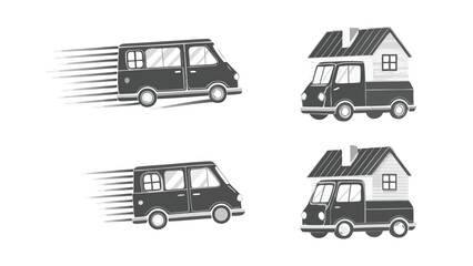 Illustration showing moving vans and house trucks in a simple and monochrome graphic design style