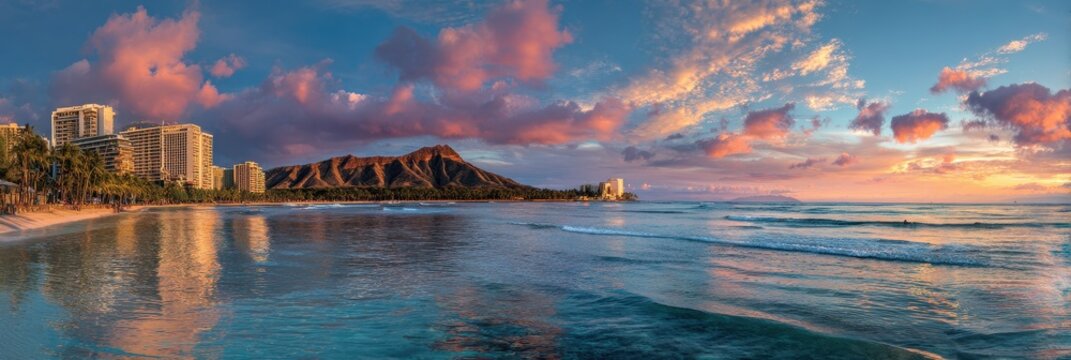 Diamond Head Hawaii. Panoramic Honolulu City Landscape with Waikiki Beach at Sunset