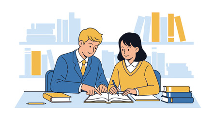 Man tutoring a young woman in a library setting with focus and guidance creating a positive learning experience that promotes comprehension