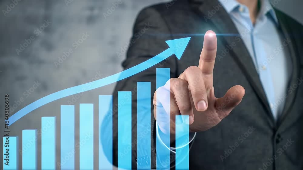 Poster man interacting with blue growth chart on gray backdrop in modern business setting
