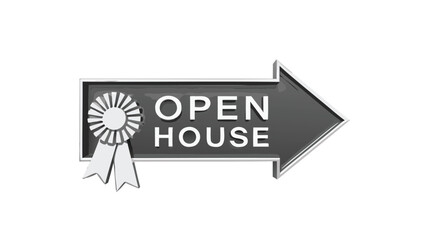 A gray arrow with open house text and a rosette pointing to the right side in monochrome style
