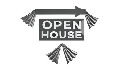 Open house sign with arrow and draped fabric in grayscale for real estate promotion and marketing use