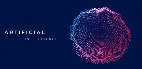 Blue abstract 3D globe made of mesh and particles, representing global network design, AI intelligence, blockchain, data, cyber technology, and futuristic science visualization