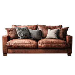 Rustic brown leather sofa with cushions