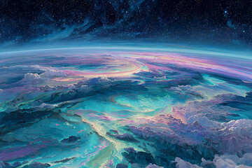 Fototapeta premium Dreamy planet landscape with clouds and stars fantasy art wallpaper background space exploration scene 4k