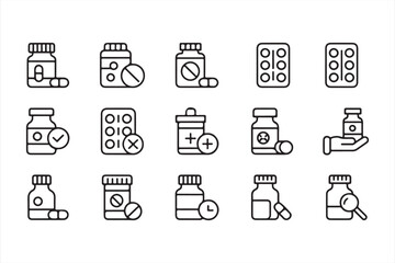 Set of 16 Medicine Icons, Black and White Line Art, Pill Bottles and Dosage Symbols