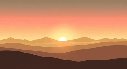 Fototapeta premium Minimalist Landscape With Warm Colors and Mountain Silhouette at Sunset