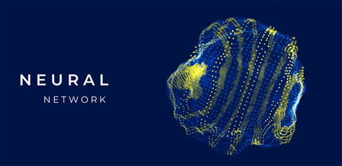 Blue abstract 3D globe made of mesh and particles, representing global network design, AI intelligence, blockchain, data, cyber technology, and futuristic science visualization