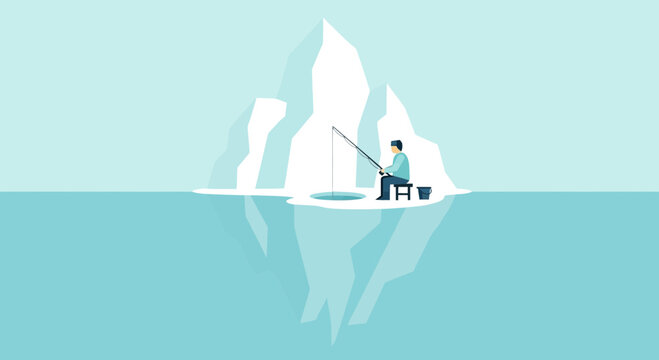 Minimalist Illustration Depicting Ice Fishing Scene with Iceberg Reflection and Fisherman
