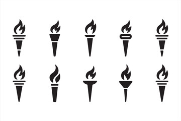 Black Torch Flame Icon Set for Olympic Victory and Achievement