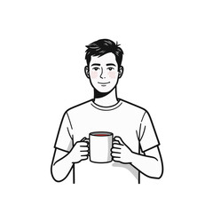 Obraz premium Smiling man holding mug in minimalist design, warmth and comfort
