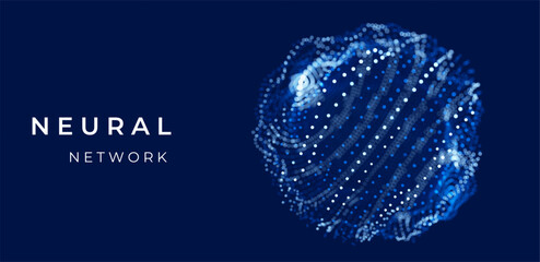 Blue abstract 3D globe made of mesh and particles, representing global network design, AI intelligence, blockchain, data, cyber technology, and futuristic science visualization
