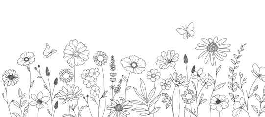 Flower doodle background vector. Black white contour drawing of foliage, wildflower, poppy, peony, eucalyptus, herb. Illustration design for card, interior, wedding, invitation, decor, banner. © babeer