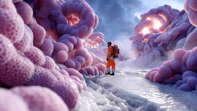 Journey Through the Enigmatic: An individual, clad in vibrant attire, embarks on an extraordinary expedition through a mesmerizing, otherworldly realm of surreal, organic formations.