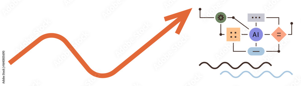 Poster orange upward arrow and ai-infused process flow with icons and wavy lines signify progress, automati