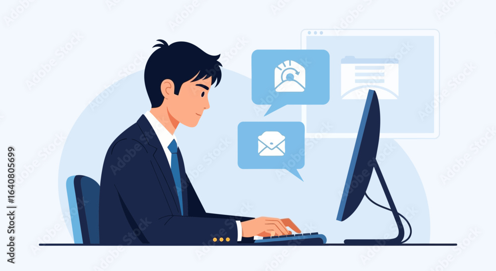 Wall mural professional man working at computer receiving emails and managing tasks online