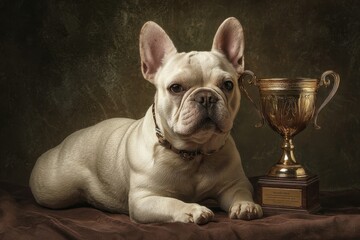 Dog Trophy. French Bulldog Studio Pet Photography with Funny Facial Expressions