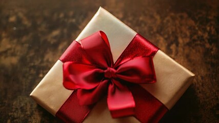 Elegant gift box wrapped with red ribbon on wooden table - Powered by Adobe