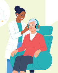 Fototapeta premium A flat vector illustration of an audiologist conducting a hearing test for a senior woman.