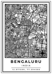 Downtown Street Maps of Bengaluru City India, Black and White Modern Poster with Location Coordinate and Compass Position, Wall Art Home Decor Ready to Printable