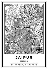 Downtown Street Maps of Jaipur City India, Black and White Modern Poster with Location Coordinate and Compass Position, Wall Art Home Decor Ready to Printable