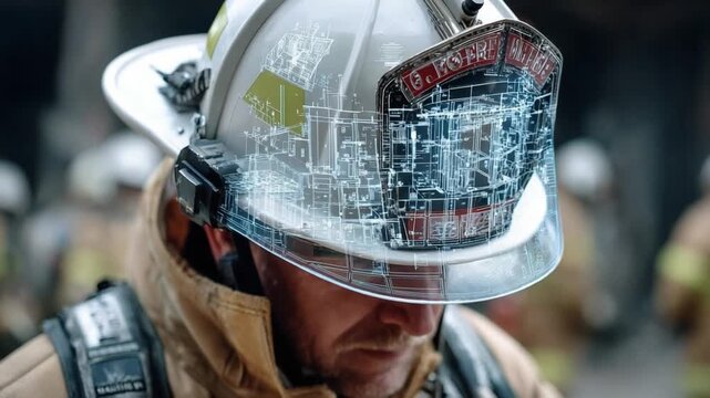 Courage Under Fire: A firefighter, clad in a protective helmet, stands amidst a blurred backdrop, embodying the bravery and selflessness inherent in their profession.