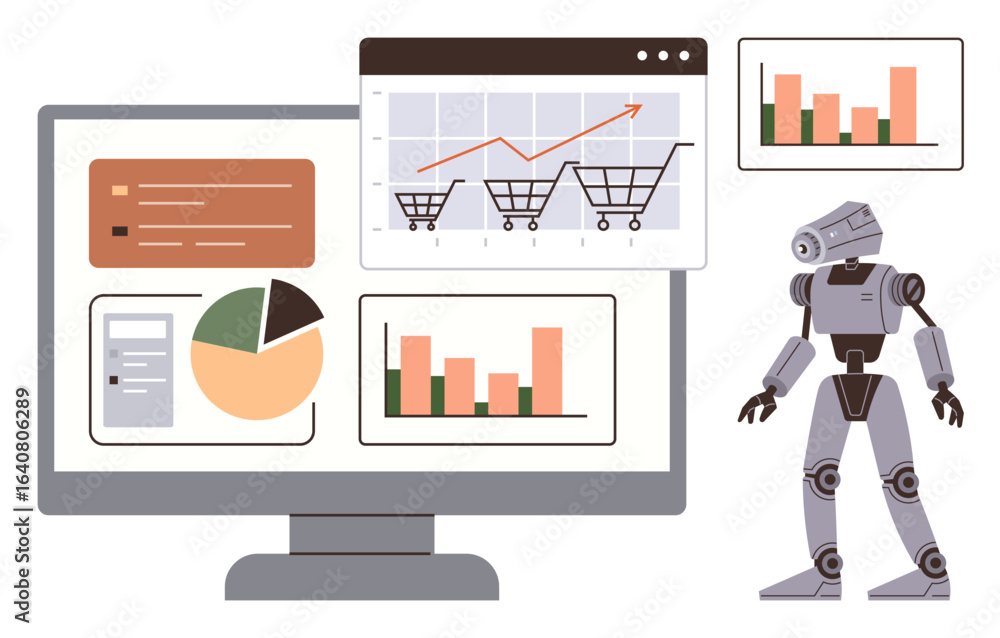 Aufkleber computer screen displaying analytics, charts, shopping carts data, and ai robot nearby. ideal for te