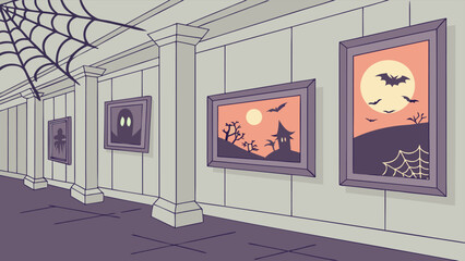 A spooky halloween art gallery exhibition featuring haunted house landscapes ghosts bats and cobwebs displayed in a classic museum hallway with pillars