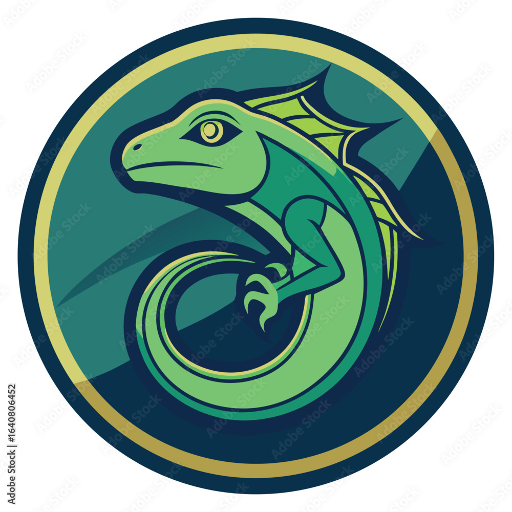 Poster logo design featuring a stylized lizard in circular format with bold colors and dynamic lines