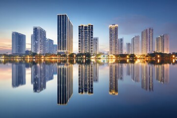 Fototapeta premium Modern City Skyline Reflection at Dusk with Water at the Foreground