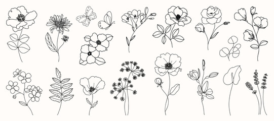 Floral and botanical doodle element vector. Set of leaf, foliage wildflowers, plants, bloom, herb and butterfly. Hand drawn of blossom spring season vectors for decor, website, wedding card and shop.