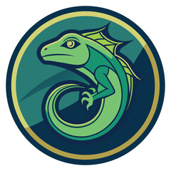 Logo design featuring a stylized lizard in circular format with bold colors and dynamic lines