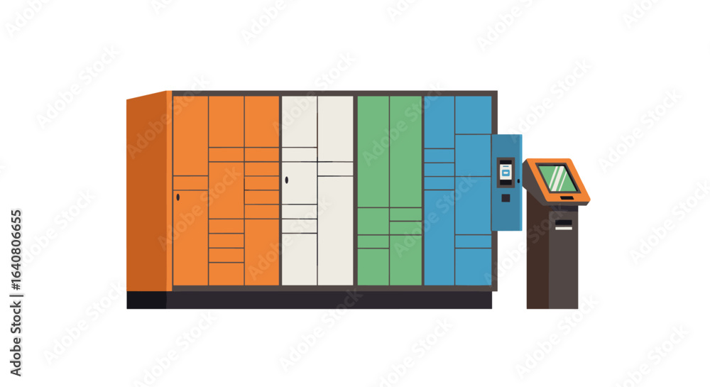 Poster modern parcel locker system with digital interface for secure package delivery