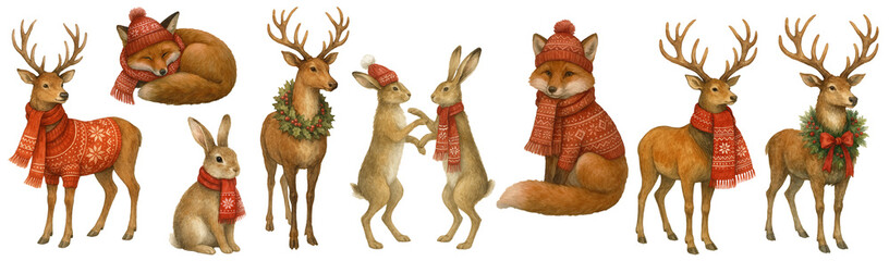 Freehand watercolor set Christmas forest animals of deer, reindeer, foxes, hares wearing festive winter scarves, sweaters, hats. For Xmas watercolour cards, seasonal decor, cozy holiday illustrations.