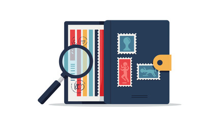 Flat design stamp collection with magnifying glass and album