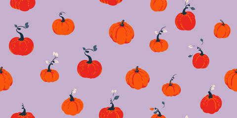 Seamless vector pattern with bright orange pumpkins and whimsical dark vines on a soft lilac background. Template for autumn, Halloween, and cozy seasonal designs