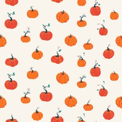 Seamless vector pattern with cute hand drawn pumpkins, leaves, and stems on a light cream background. Design for fall, Thanksgiving, Halloween, textile, wrapping paper, and invitations
