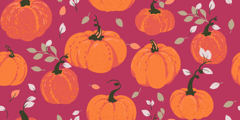 Seamless vector pattern with hand drawn pumpkins and fall leaves on a burgundy background. Template for autumn, Thanksgiving, harvest decor, fabric, and seasonal design projects