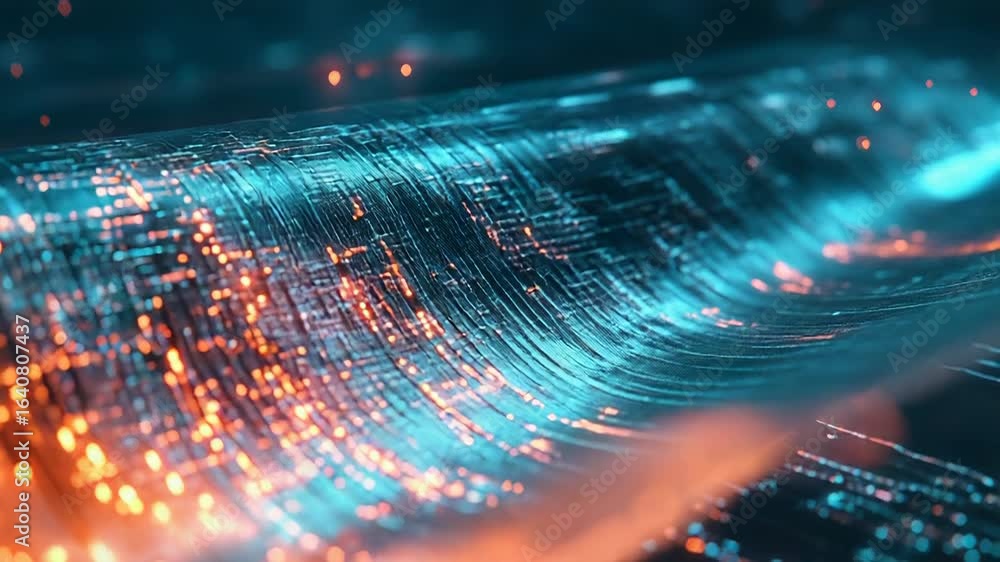 Poster futuristic transparent data stream flowing on circuit board