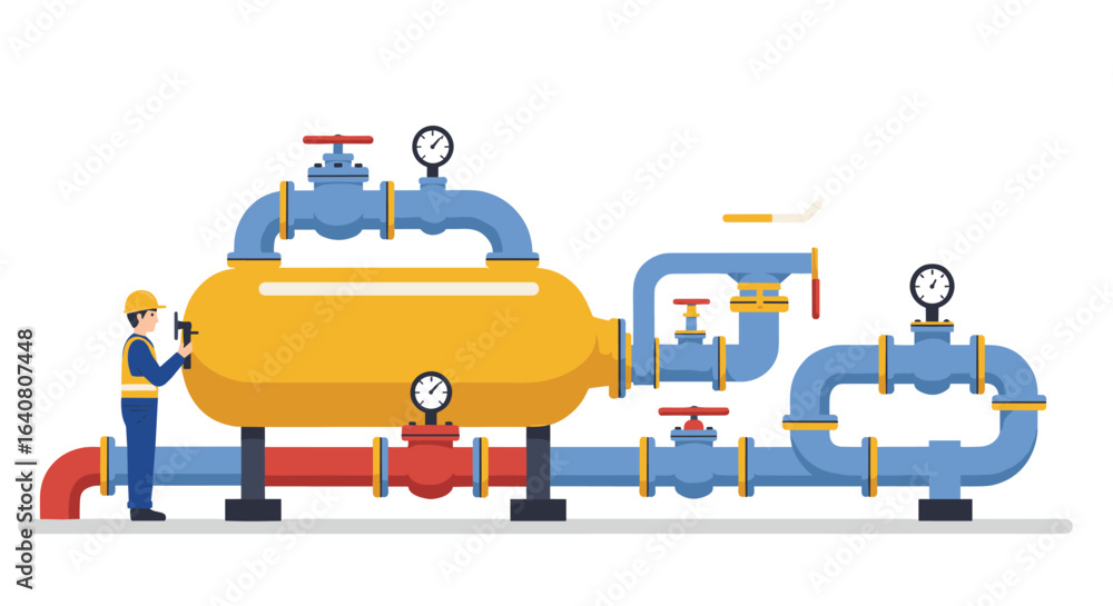 Poster industrial pipeline system with engineer in flat style