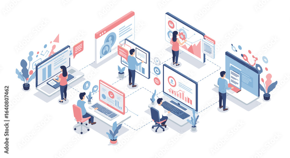 Poster collaborative business team working on data analytics in modern office isometric design