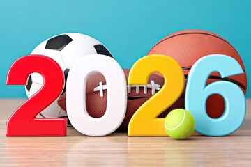 Dynamic Sports Theme 3D Number "2026" Composition on Gym Floor with Vibrant Lighting
