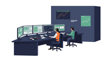 Control room with multiple monitors and operators analyzing data in flat design