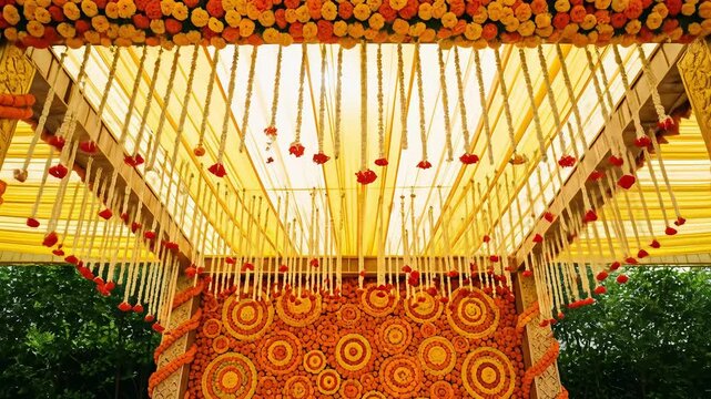 Ornate Floral Mandap Decoration for Wedding Ceremony Featuring Yellow Orange Flowers and Fabric Draping in Indian Traditional Style
